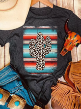 Camiseta de cactus con estampado de leopardo y rayas de sarape